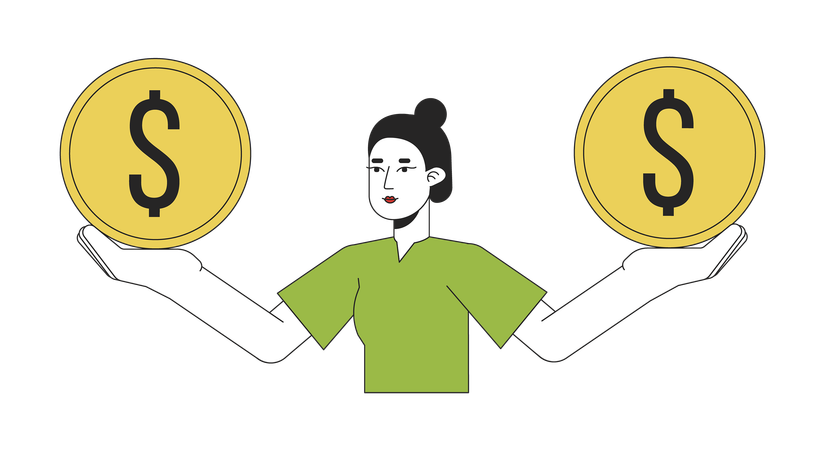 Cute asian woman holding coins on hands  Illustration