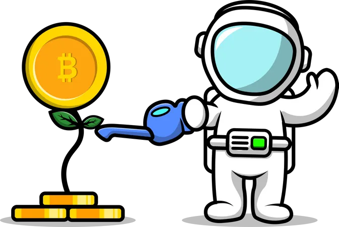 Cute Astronaut watering Bitcoin plant  イラスト