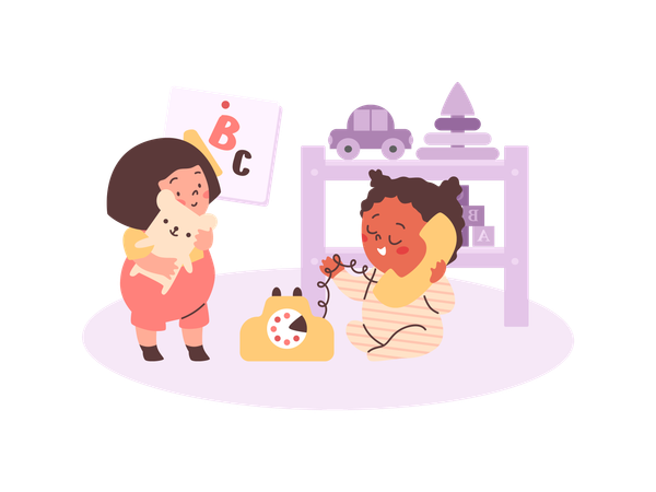 Cute babies playing toys at kindergarten  Illustration