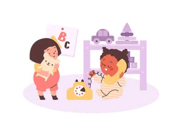 Cute babies playing toys at kindergarten  Illustration