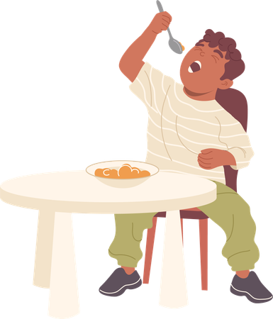 Cute baby boy eating porridge in bowl with spoon sitting at table  Illustration