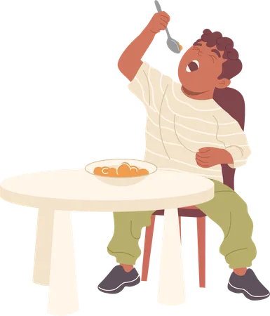 Cute baby boy eating porridge in bowl with spoon sitting at table  Illustration