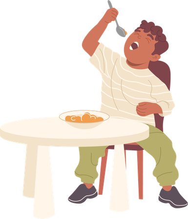Cute baby boy eating porridge in bowl with spoon sitting at table  イラスト