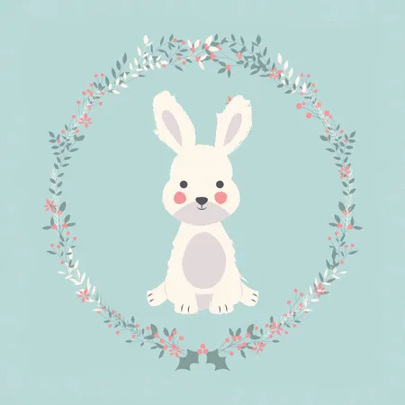 Cute baby bunny rabbit in Christmas flower and branch wreath Illustration