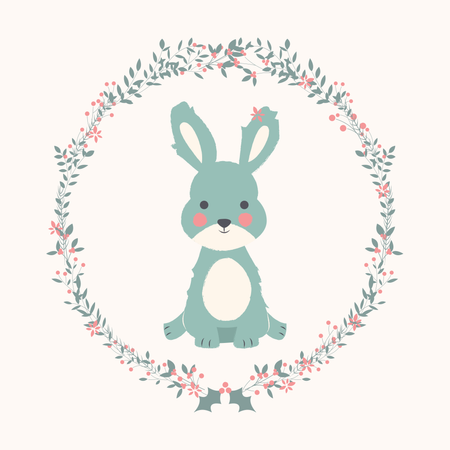 Cute baby bunny rabbit in Christmas flower and branch wreath  Illustration
