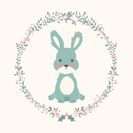 Cute baby bunny rabbit in Christmas flower and branch wreath Illustration