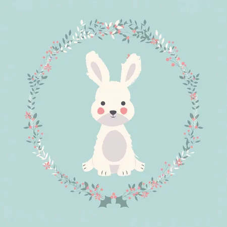 Cute baby bunny rabbit in Christmas flower and branch wreath  Illustration