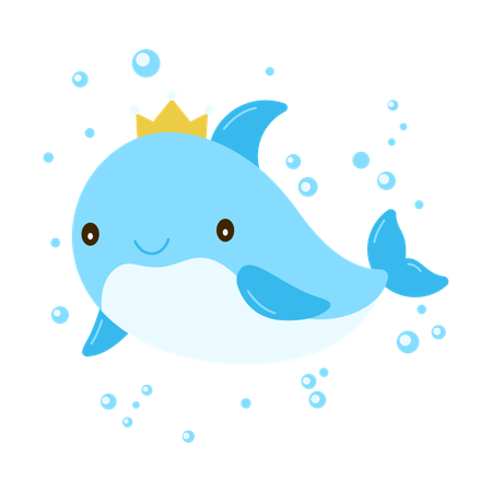 Cute Baby Dolphin Wearing Crown Swimming In Sea  Illustration