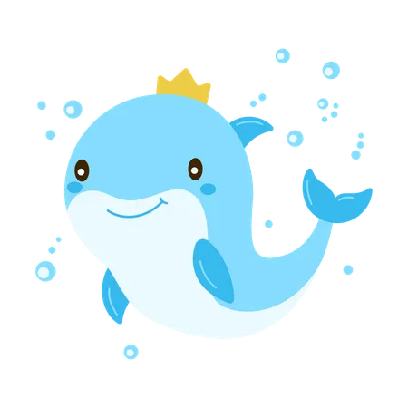 Cute Baby Dolphin Wearing Crown Swimming In Sea  Illustration