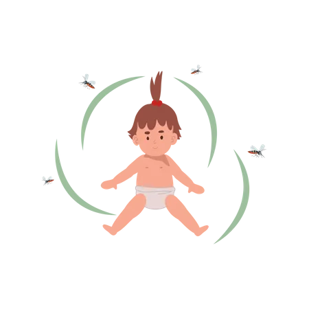 Dengue Fever Prevention Concept Cute Baby Shielded From Zika Mosquitoes Flat Vector Cartoon Illustration Illustration