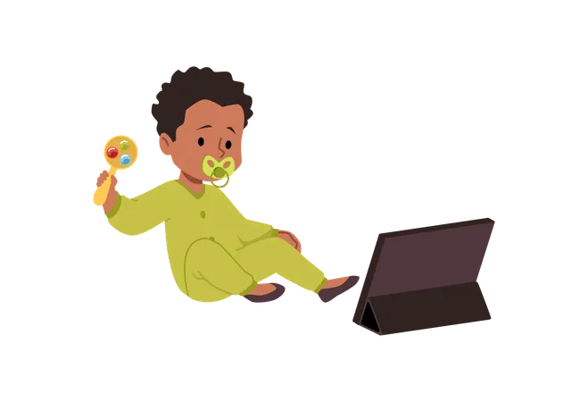Cute baby with pacifier sitting and looking tablet device  Illustration