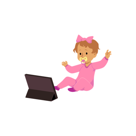 Cute baby with pacifier sitting and looking tablet device  Illustration