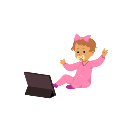 Cute baby with pacifier sitting and looking tablet device  Illustration