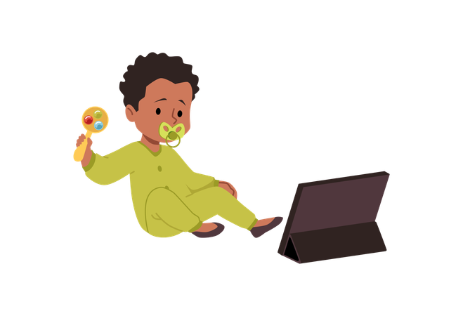 Cute baby with pacifier sitting and looking tablet device  Illustration