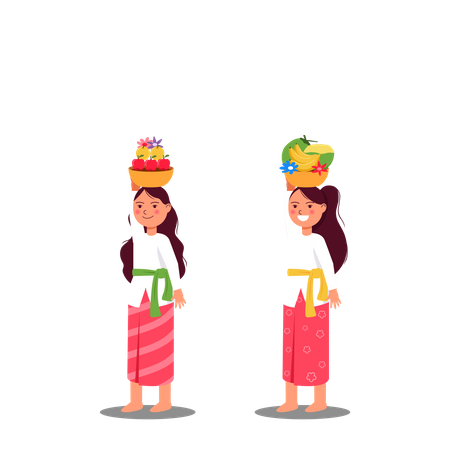 Cute Balinese Girl Bring Fruit Offerings For Rite Ceremony Illustration