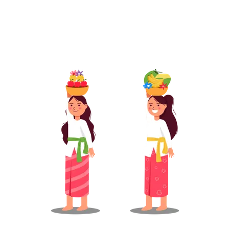 Cute Balinese Girl Bring Fruit Offerings For Rite Ceremony Illustration