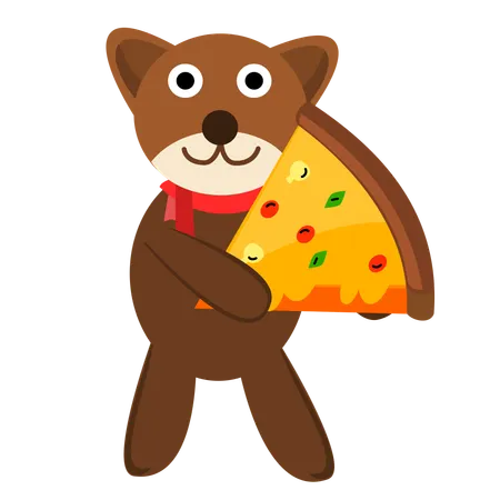 Cute Bear Holding Sliced Pizza Cartoon Illustration Illustration