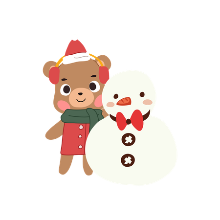 冬の雪だるまとかわいいクマ  イラスト