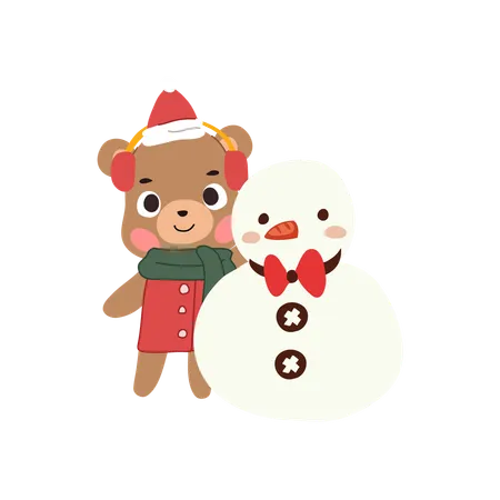 冬の雪だるまとかわいいクマ  イラスト