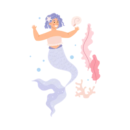 Cute beautiful mermaid among corals and shells  Illustration