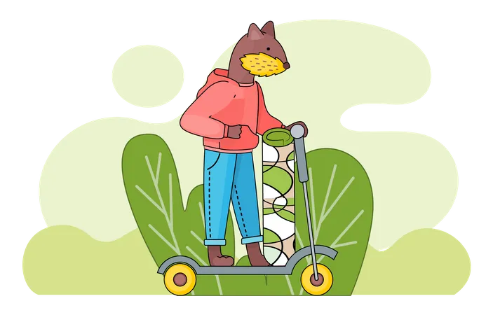 Cute beaver with rug is riding scooter Illustration
