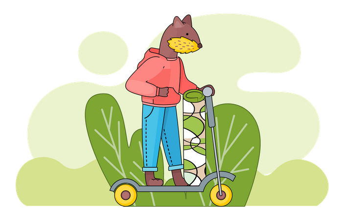 Cute beaver with rug is riding scooter  Illustration