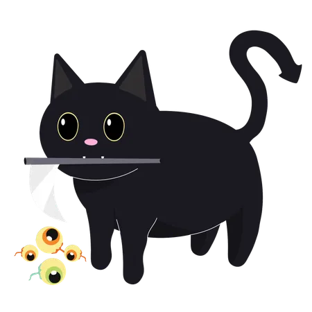 口にストローをくわえた大きな目をしたかわいい黒猫  イラスト