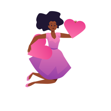 Cute black girl in pink dress doing jump up holds big hearts in hands  Illustration