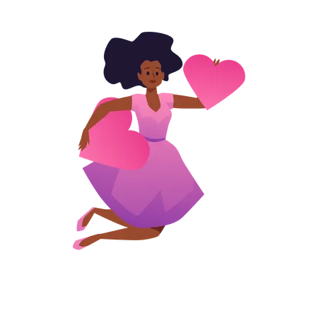 Cute black girl in pink dress doing jump up holds big hearts in hands  Illustration