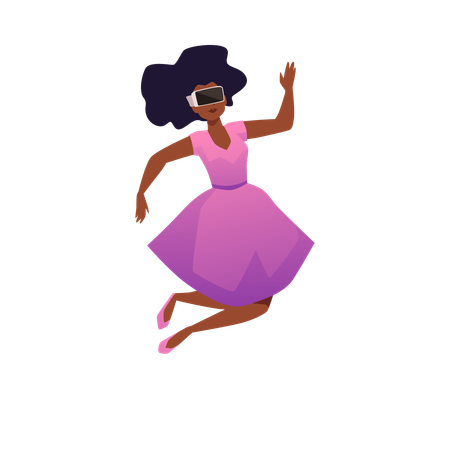 Cute black woman in pink dress doing jump up wearing virtual reality glasses  Illustration