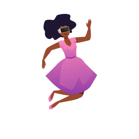 Cute black woman in pink dress doing jump up wearing virtual reality glasses  Illustration