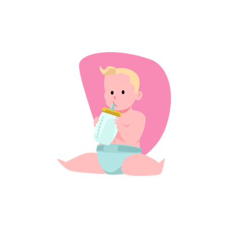 Cute blonde baby boy in diaper sitting and drinking from bottle  Illustration