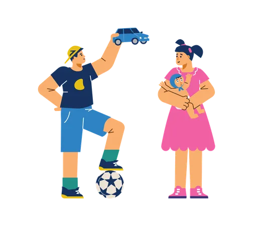 Cute boy and girl children with different toys  Illustration