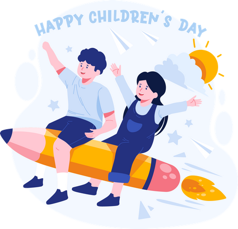 Cute boy and girl riding flying pencil together  Illustration