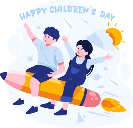 Happy Childrens Day Kids Riding A Pencil Rocket In The Sky Cute Boy And Girl Riding A Flying Pencil Together Vector Illustration In Flat Style Illustration