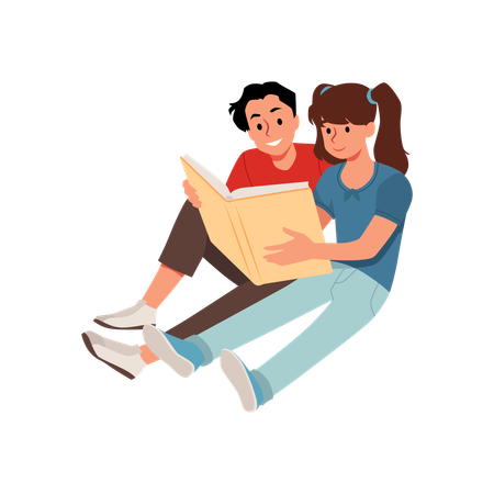 Cute boy and girl sitting and enjoying reading one book vector children reading  Illustration