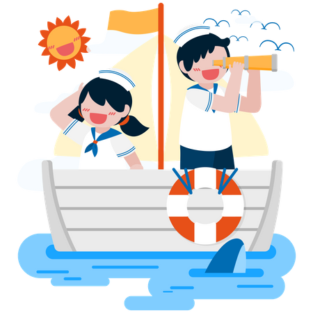 Cute boy and girl wearing sailor uniform on navy ship in the sea  Illustration