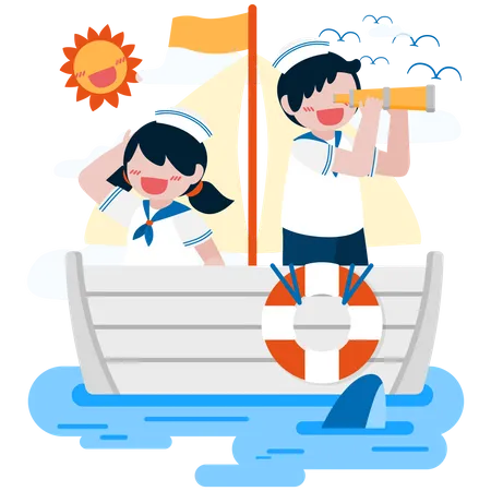 Cute boy and girl wearing sailor uniform on navy ship in the sea  Illustration