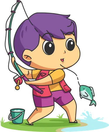 Cute boy catching fish using fishing rod  Illustration