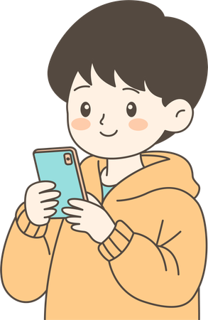 携帯電話を見ているかわいい男の子のキャラクター  イラスト