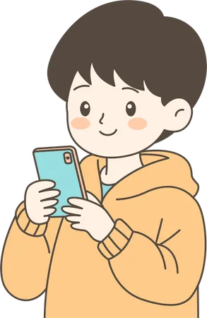 携帯電話を見ているかわいい男の子のキャラクター  イラスト