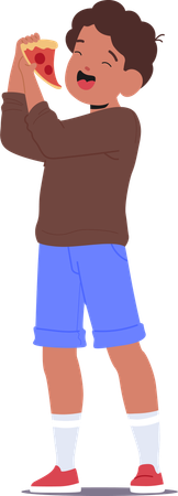 Cute boy child cartoon character showcasing taste sense eating delicious pizza  Illustration