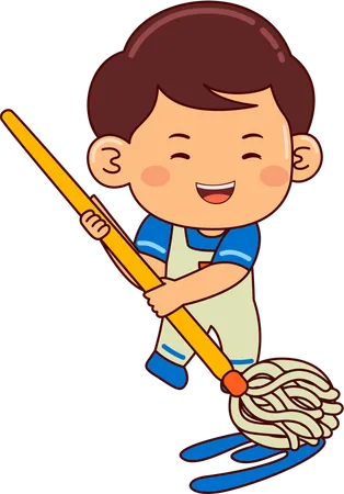 Cute boy cleaning floor using mop  Illustration