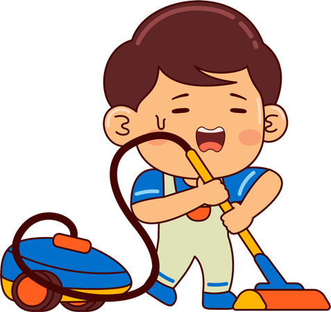 Cute boy cleaning floor using vacuum cleaner  Illustration