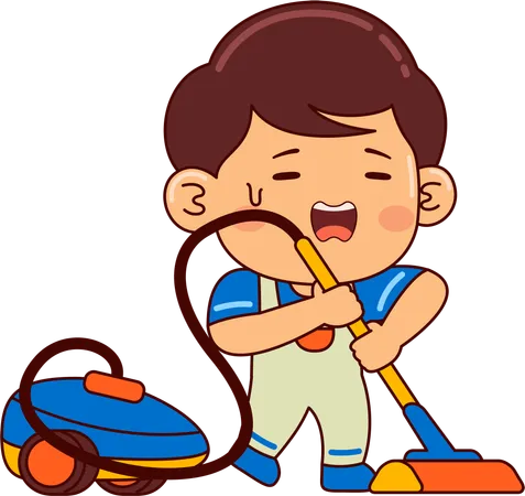 Cute boy cleaning floor using vacuum cleaner  Illustration