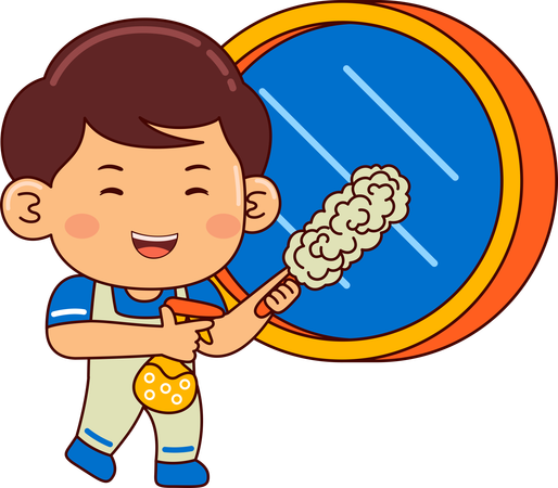 Cute boy cleaning mirror  Illustration
