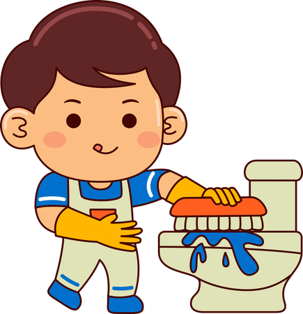 Cute boy cleaning toilet  Illustration
