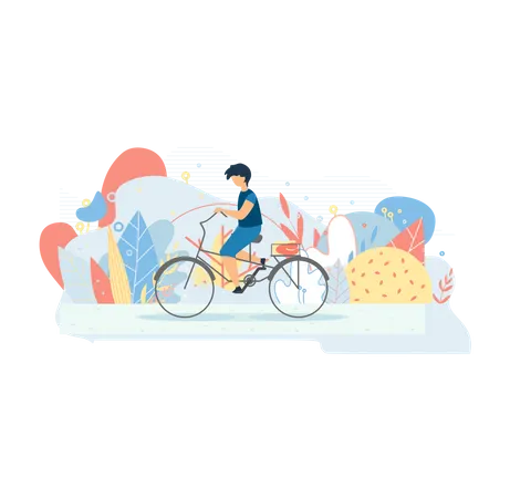 Cute boy cycling in the park  Illustration