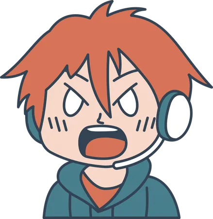 Cute Boy Gamer Anime Cartoon Character Wearing Headset with Angry Shouting Expression  Illustration