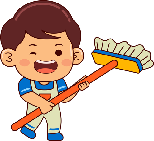 Cute boy holding mop  Illustration